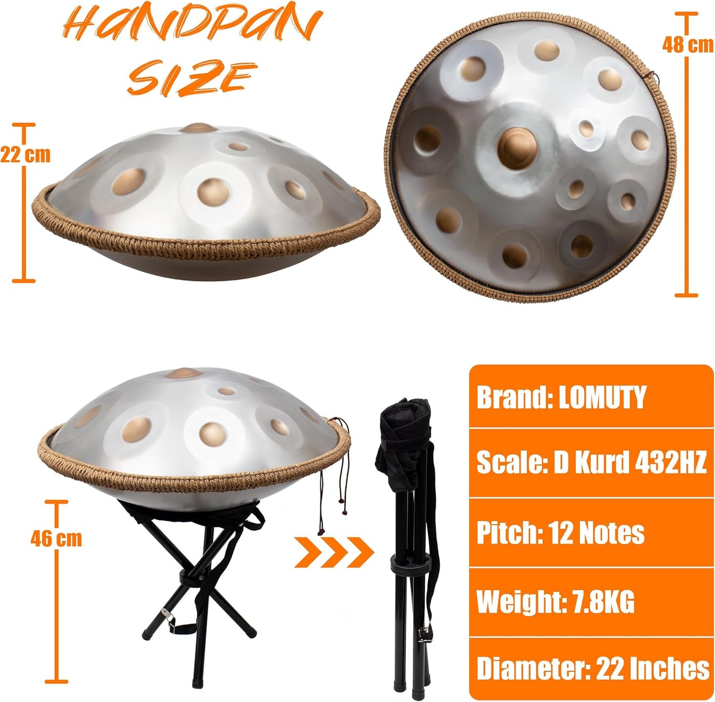 LOMUTY Handpan Drum 12 Tones 22 Inch Steel Tongue Drum avec sac souple, Percussion harmonique pour la guérison du son, la méditation personnelle, le yoga (argent)
