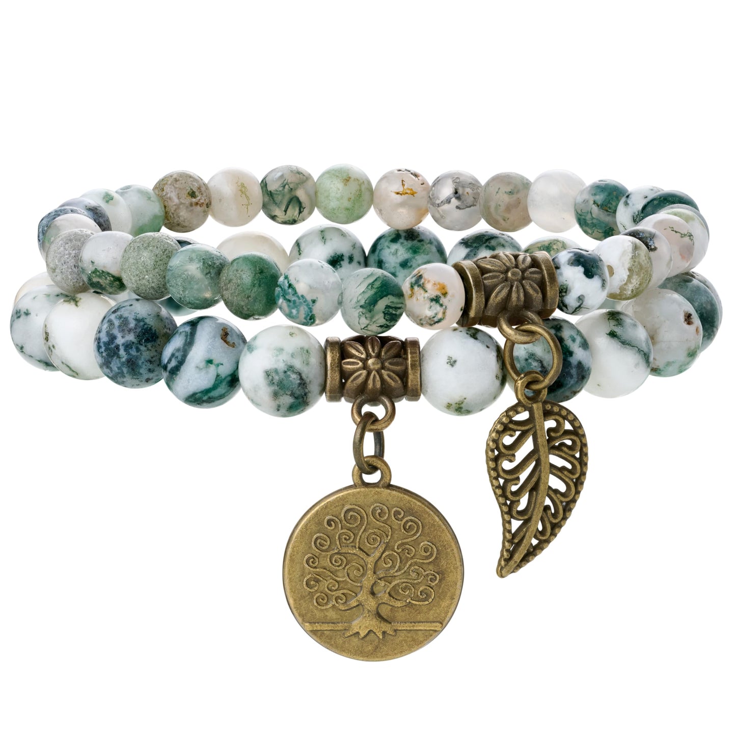 Farfume Chakra Bracelet En Pierre Naturelle - Bracelet Perles Naturelles Femme-Ensemble De Deux Bracelets Avec Accessoires Arbre De Vie Et Feuille