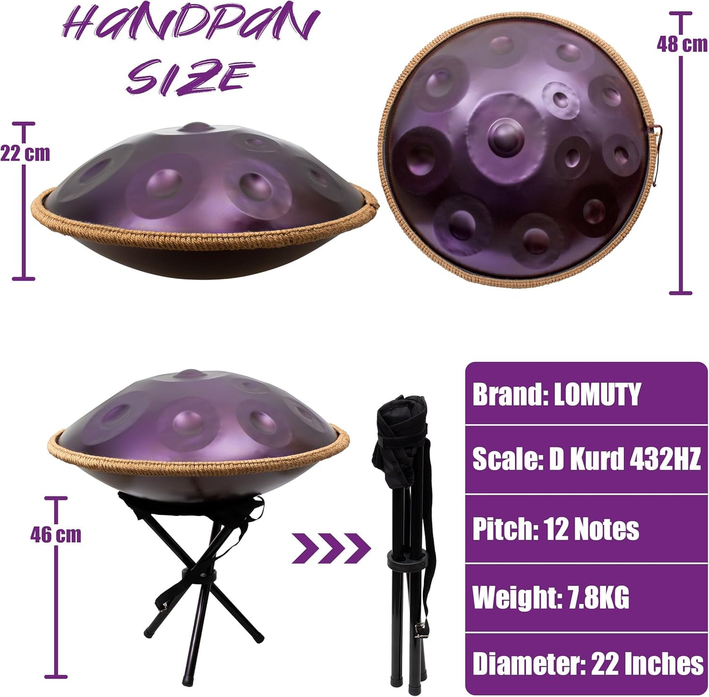 LOMUTY Handpan Drum 12 Tones 22 Inch Steel Tongue Drum avec sac souple, Percussion harmonique pour la guérison du son, la méditation personnelle, le yoga (violet)