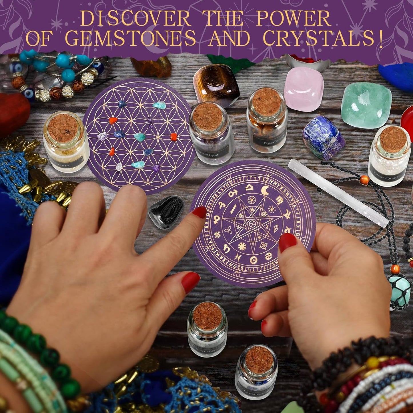 MWZEAUL Kit de Pierres Précieuses, 21 Pièces Gemmes et Cristaux de Guérison Naturelle, avec Fleur de Vie pour Recharger les Pierres, pour Méditation Yoga Sommeil Étude, Cadeau pour Halloween Noël