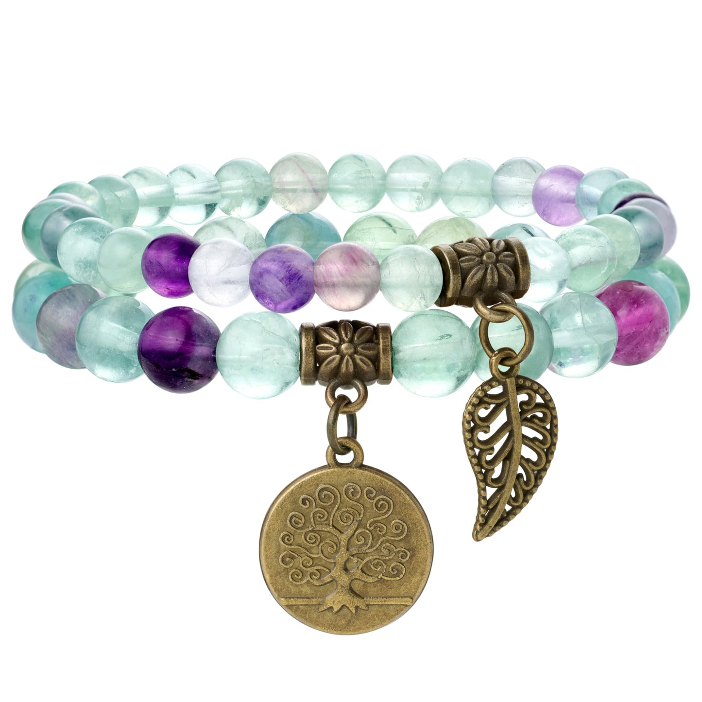 Farfume Chakra Bracelet En Pierre Naturelle - Bracelet Perles Naturelles Femme-Ensemble De Deux Bracelets Avec Accessoires Arbre De Vie Et Feuille
