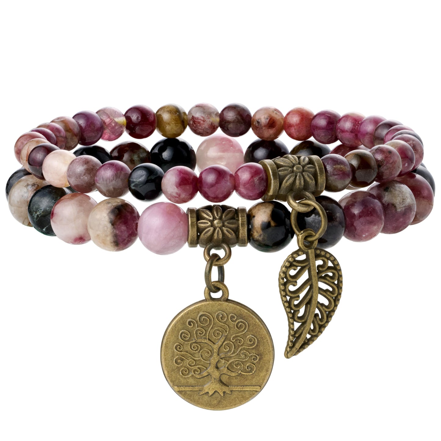 Farfume Chakra Bracelet En Pierre Naturelle - Bracelet Perles Naturelles Femme-Ensemble De Deux Bracelets Avec Accessoires Arbre De Vie Et Feuille