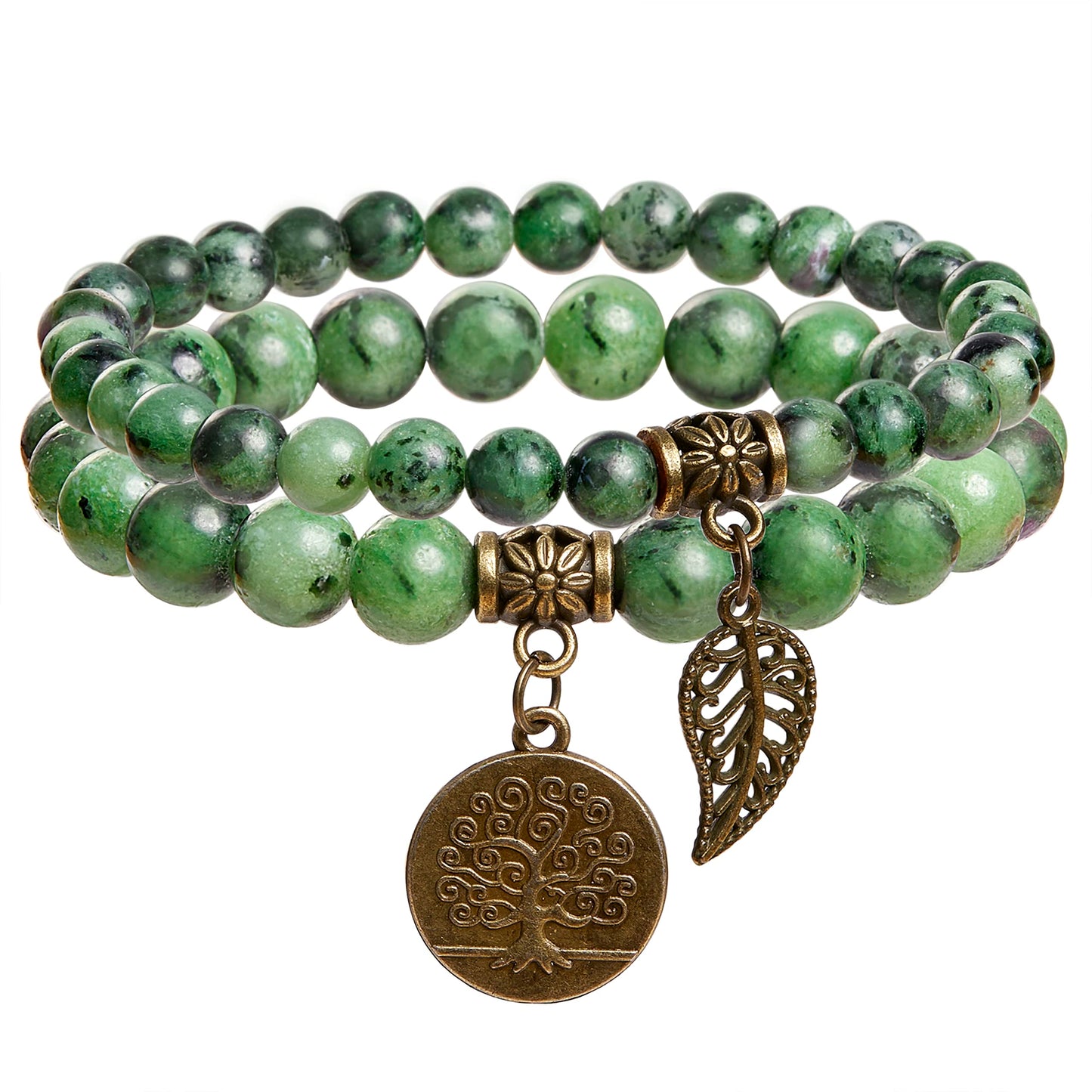 Farfume Chakra Bracelet En Pierre Naturelle - Bracelet Perles Naturelles Femme-Ensemble De Deux Bracelets Avec Accessoires Arbre De Vie Et Feuille