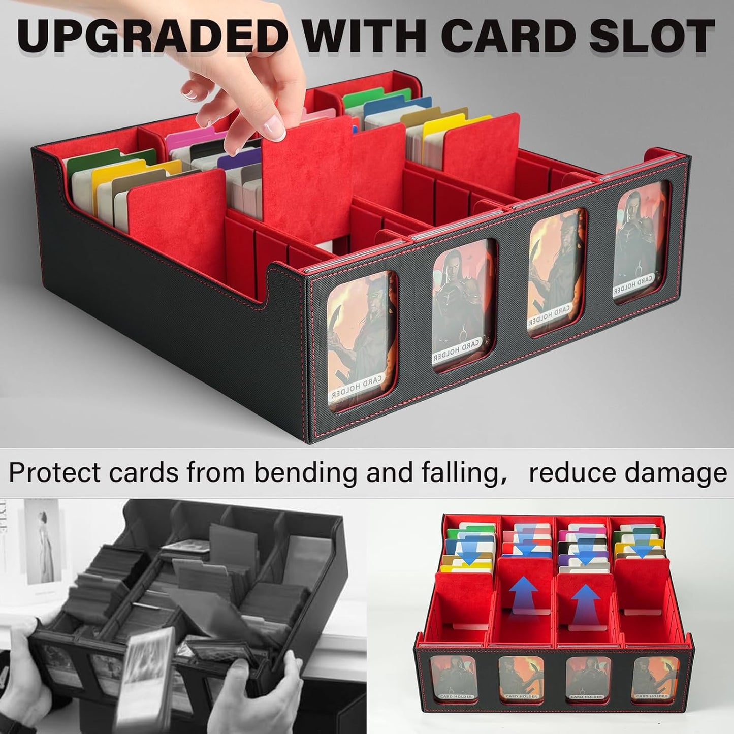Boîte de rangement pour cartes MTG Commander, boîte de rangement pour cartes à collectionner, étui magnétique en cuir PU, peut contenir 3000 TCG cartes à double couche,noir et rouge