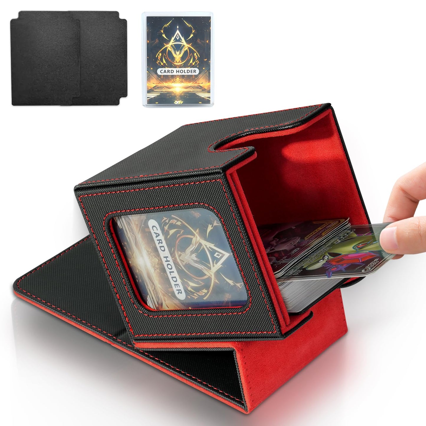 Boîte de rangement pour cartes MTG Commander, boîte de rangement pour cartes à collectionner, étui magnétique en cuir PU, peut contenir 3000 TCG cartes à double couche,noir et rouge