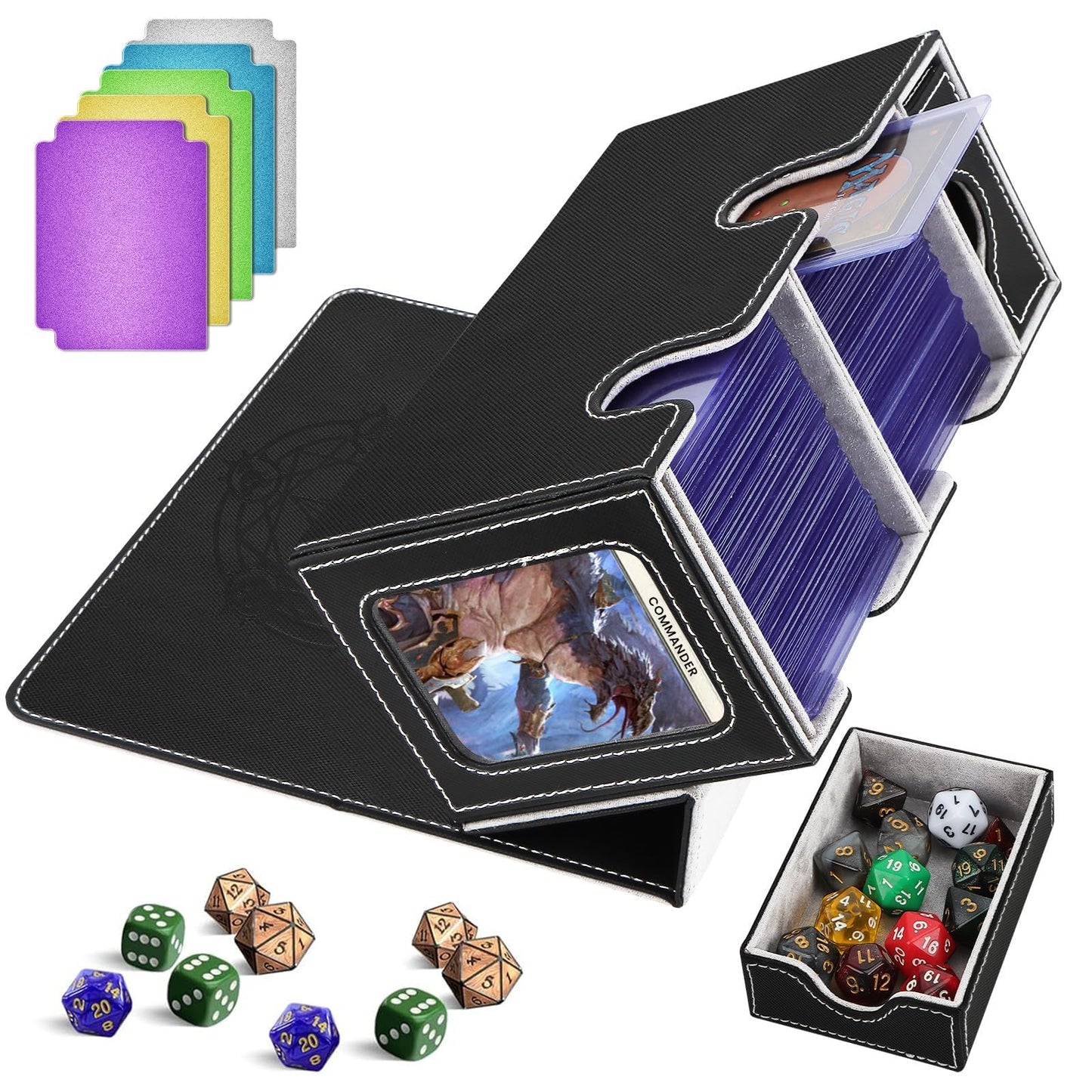 Boîte porte-cartes pour jusqu'à 380+ cartes, boîte de deck avec 6 plaques de séparation, porte deck magnétique flip-magic pour cartes à collectionner, compatible avec MTG TCG(Noir-Bleu)