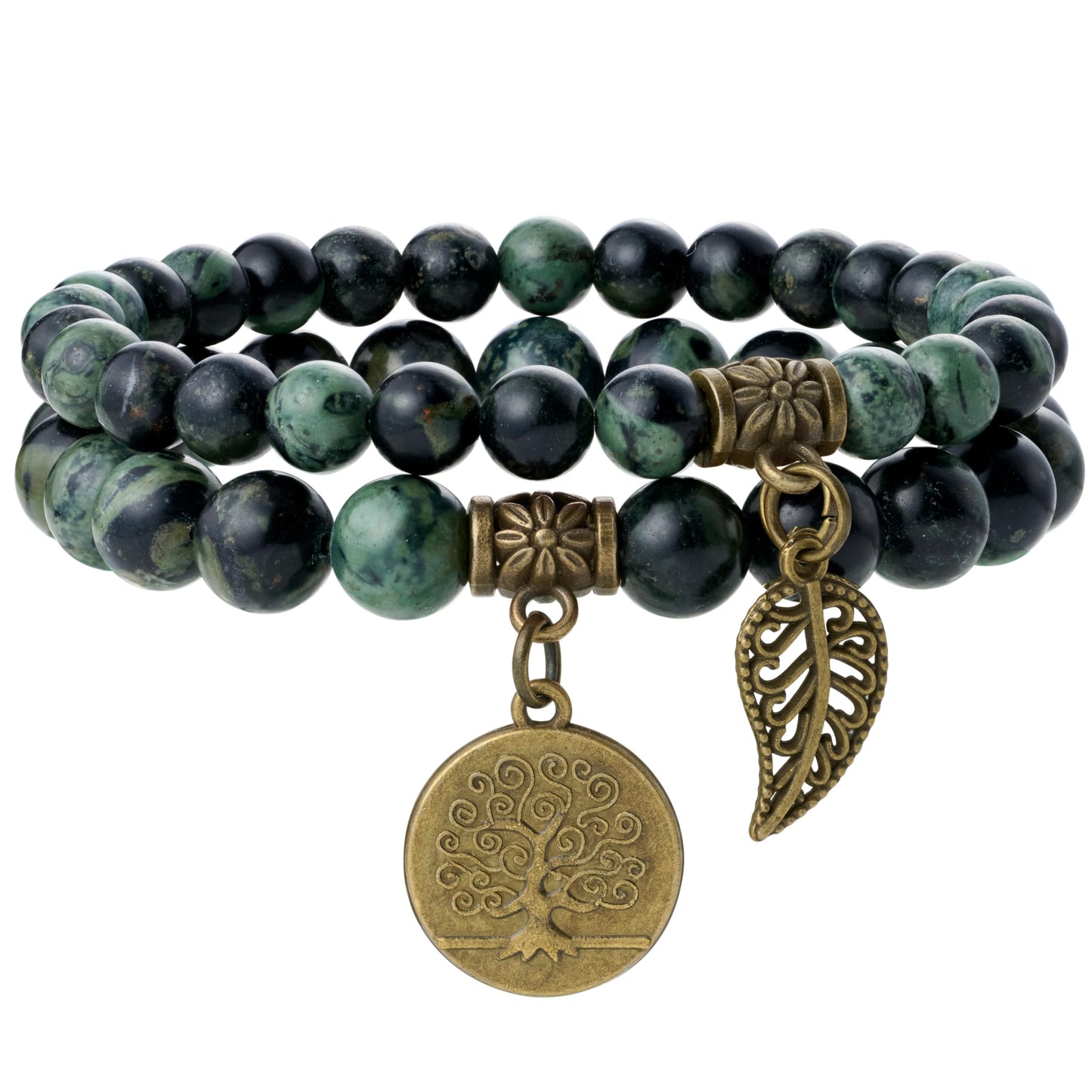 Farfume Chakra Bracelet En Pierre Naturelle - Bracelet Perles Naturelles Femme-Ensemble De Deux Bracelets Avec Accessoires Arbre De Vie Et Feuille