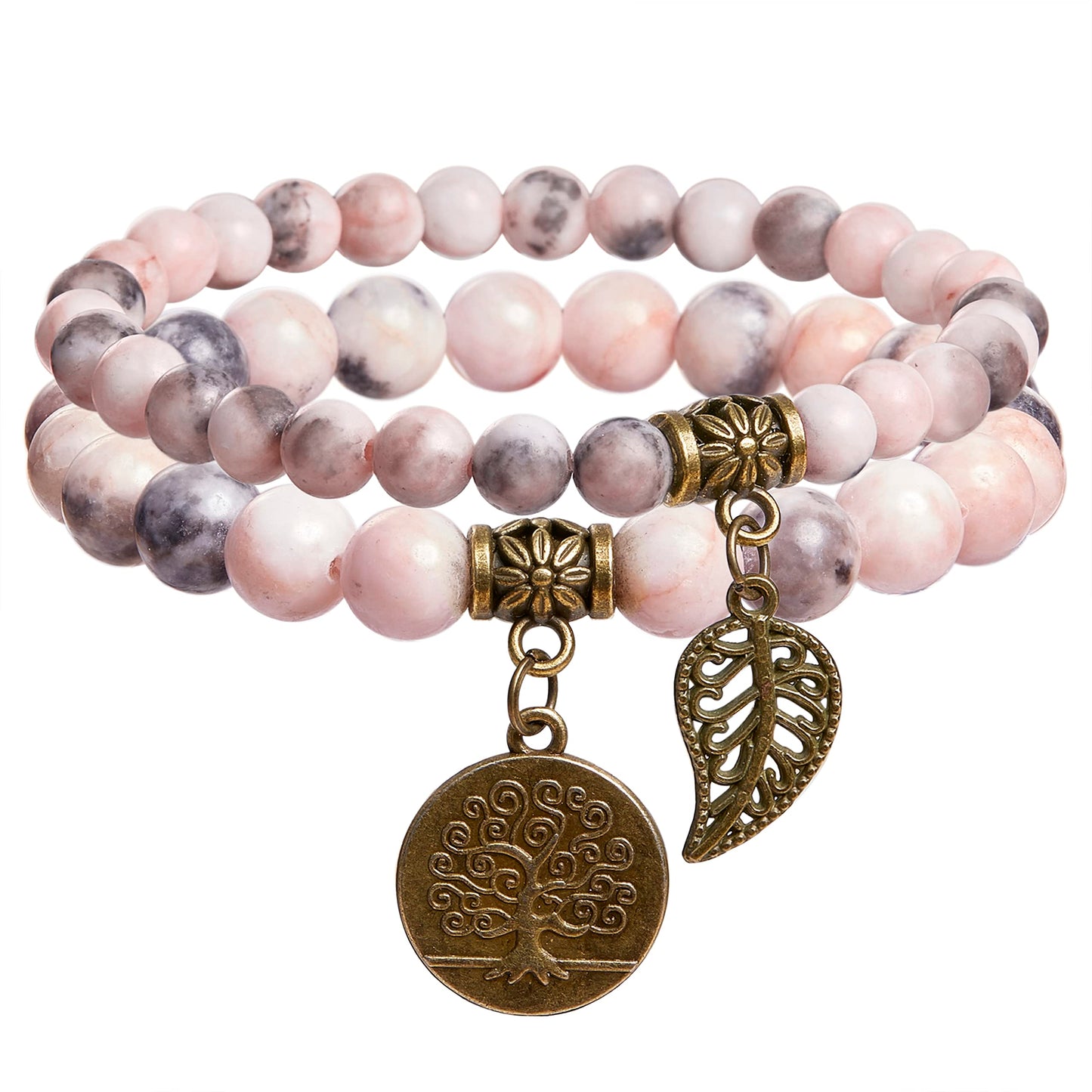 Farfume Chakra Bracelet En Pierre Naturelle - Bracelet Perles Naturelles Femme-Ensemble De Deux Bracelets Avec Accessoires Arbre De Vie Et Feuille