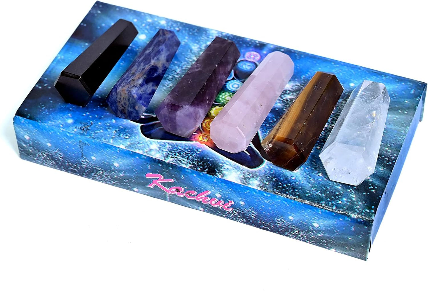 KACHVI Pierres de guérison Baguettes de Chakra Cristaux de Reiki Noire Quartz 2.25-2.50" 6 Crayons à facettes 6pc Ensemble