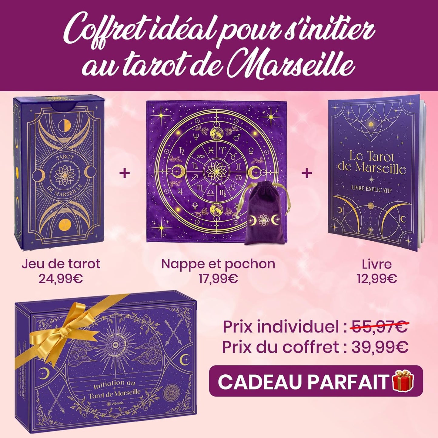 Coffret d'Initiation au Tarot de Marseille : Tarot Divinatoire + Livre de 205 Pages + Nappe Divinatoire & Pochon. Idéal pour Débutants