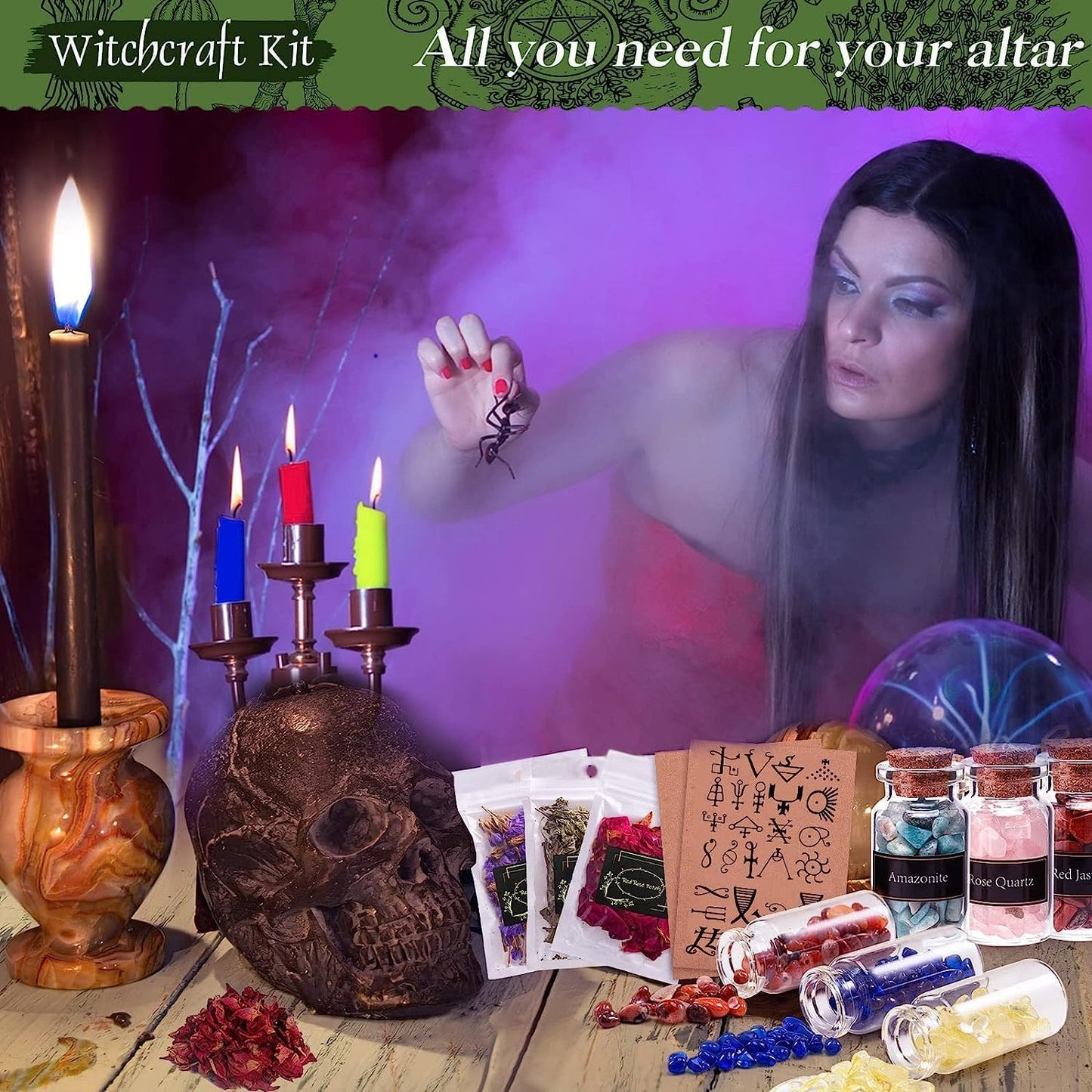 VIPNAJI 64PC Fournitures de Sorcellerie Ensemble de Sorcellerie Kit de Sorcellerie Bougies Candle Magiques Colorées Pierre Naturelles Pièces de Cristal,Fleur Séchée Utilisé pour la Prière,Mantra,Magie