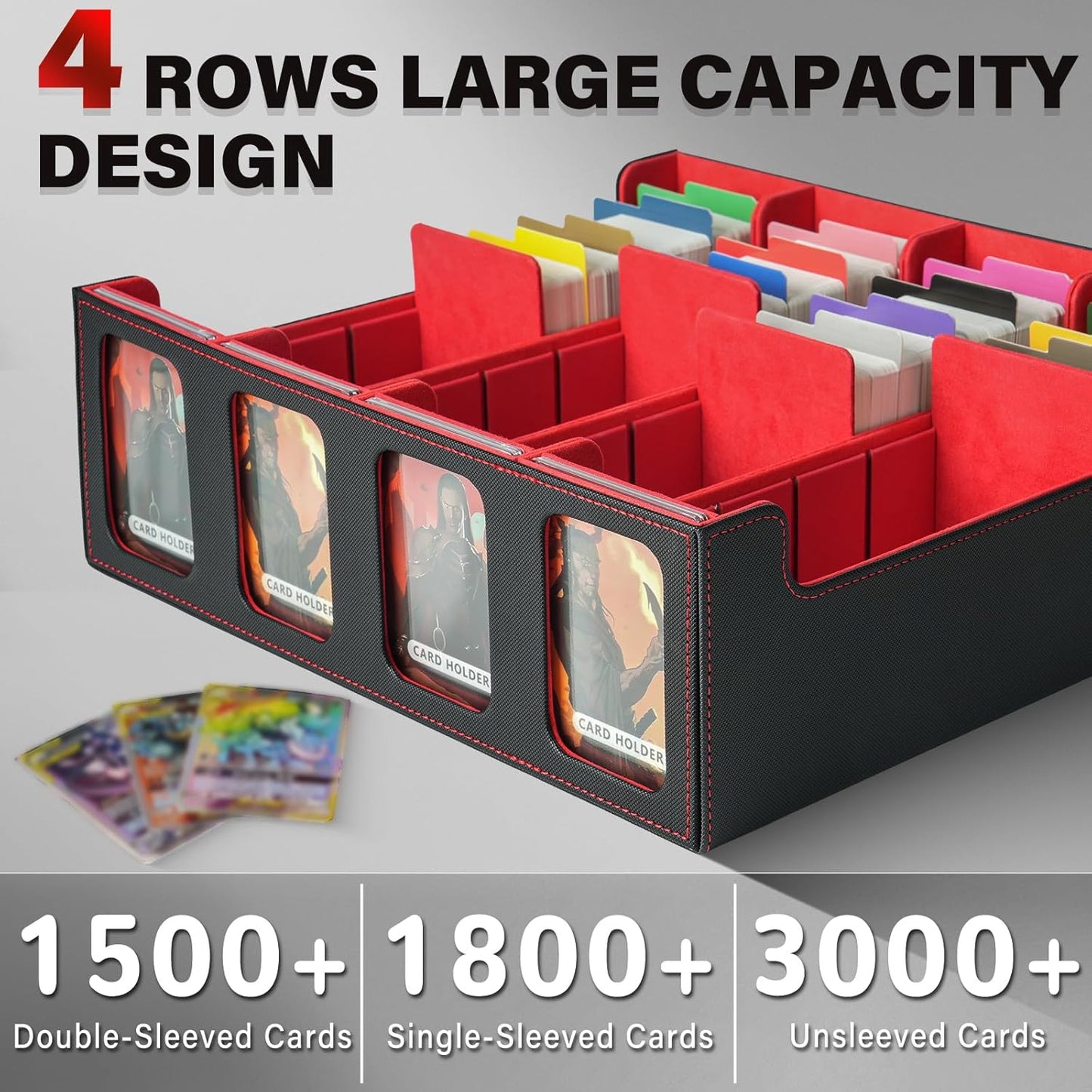 Boîte de rangement pour cartes MTG Commander, boîte de rangement pour cartes à collectionner, étui magnétique en cuir PU, peut contenir 3000 TCG cartes à double couche,noir et rouge