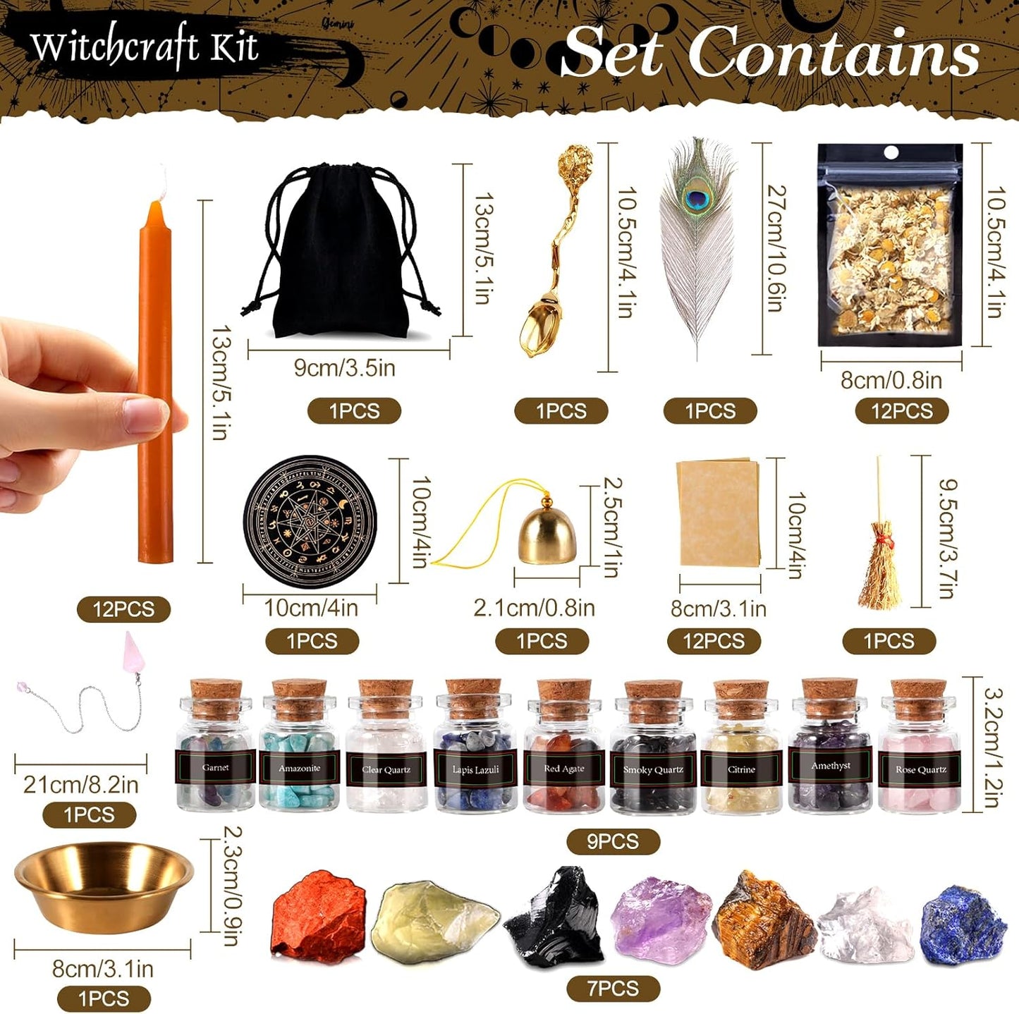 VIPNAJI 64PC Fournitures de Sorcellerie Ensemble de Sorcellerie Kit de Sorcellerie Bougies Candle Magiques Colorées Pierre Naturelles Pièces de Cristal,Fleur Séchée Utilisé pour la Prière,Mantra,Magie