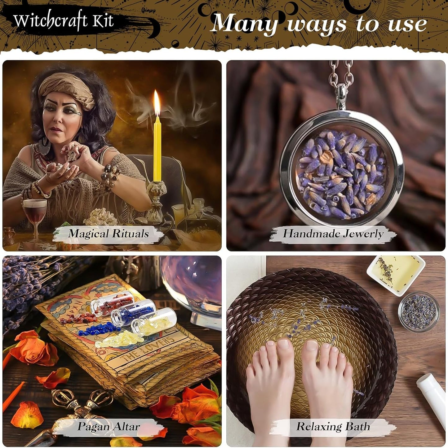VIPNAJI 64PC Fournitures de Sorcellerie Ensemble de Sorcellerie Kit de Sorcellerie Bougies Candle Magiques Colorées Pierre Naturelles Pièces de Cristal,Fleur Séchée Utilisé pour la Prière,Mantra,Magie
