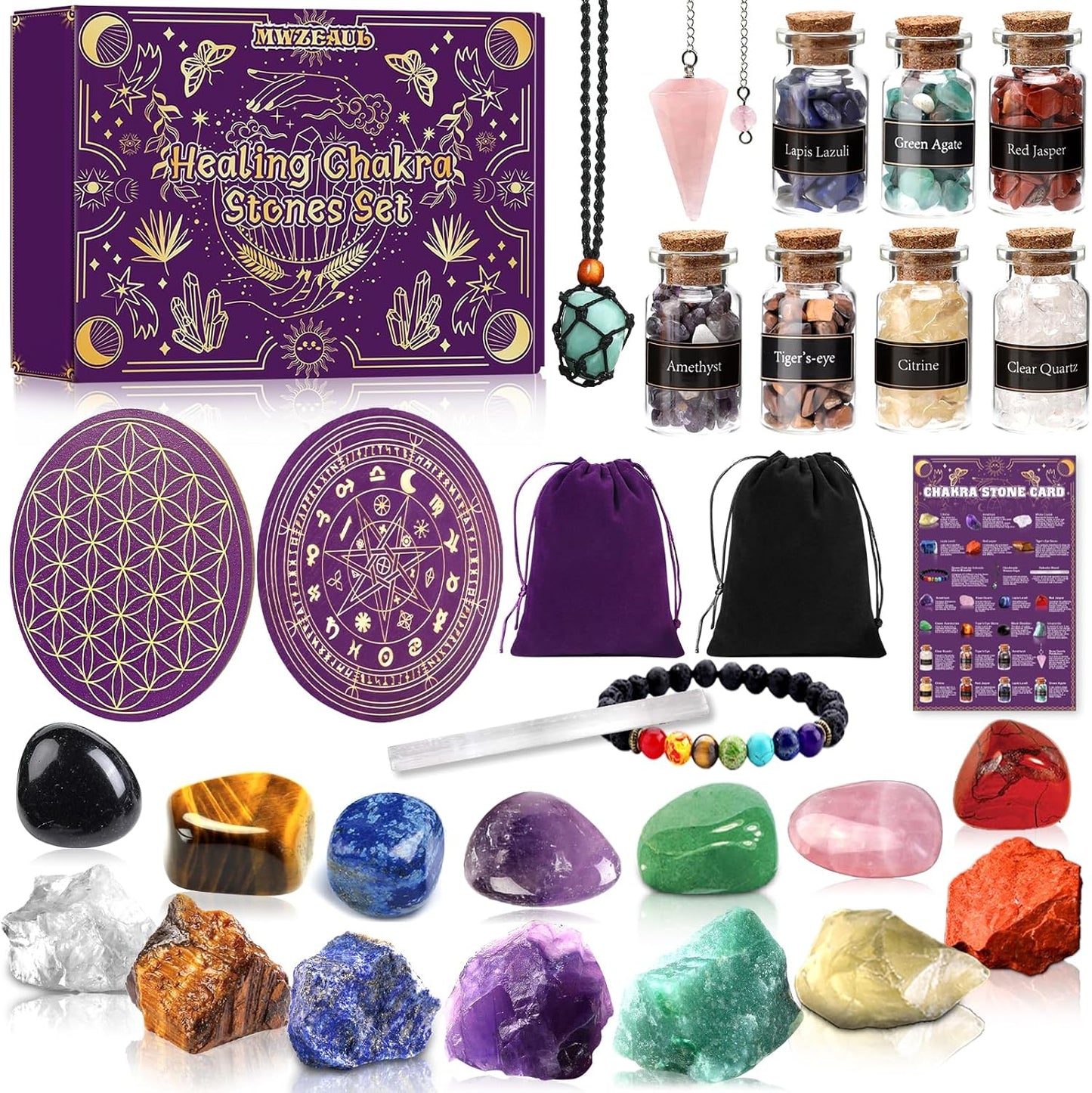 MWZEAUL Kit de Pierres Précieuses, 21 Pièces Gemmes et Cristaux de Guérison Naturelle, avec Fleur de Vie pour Recharger les Pierres, pour Méditation Yoga Sommeil Étude, Cadeau pour Halloween Noël