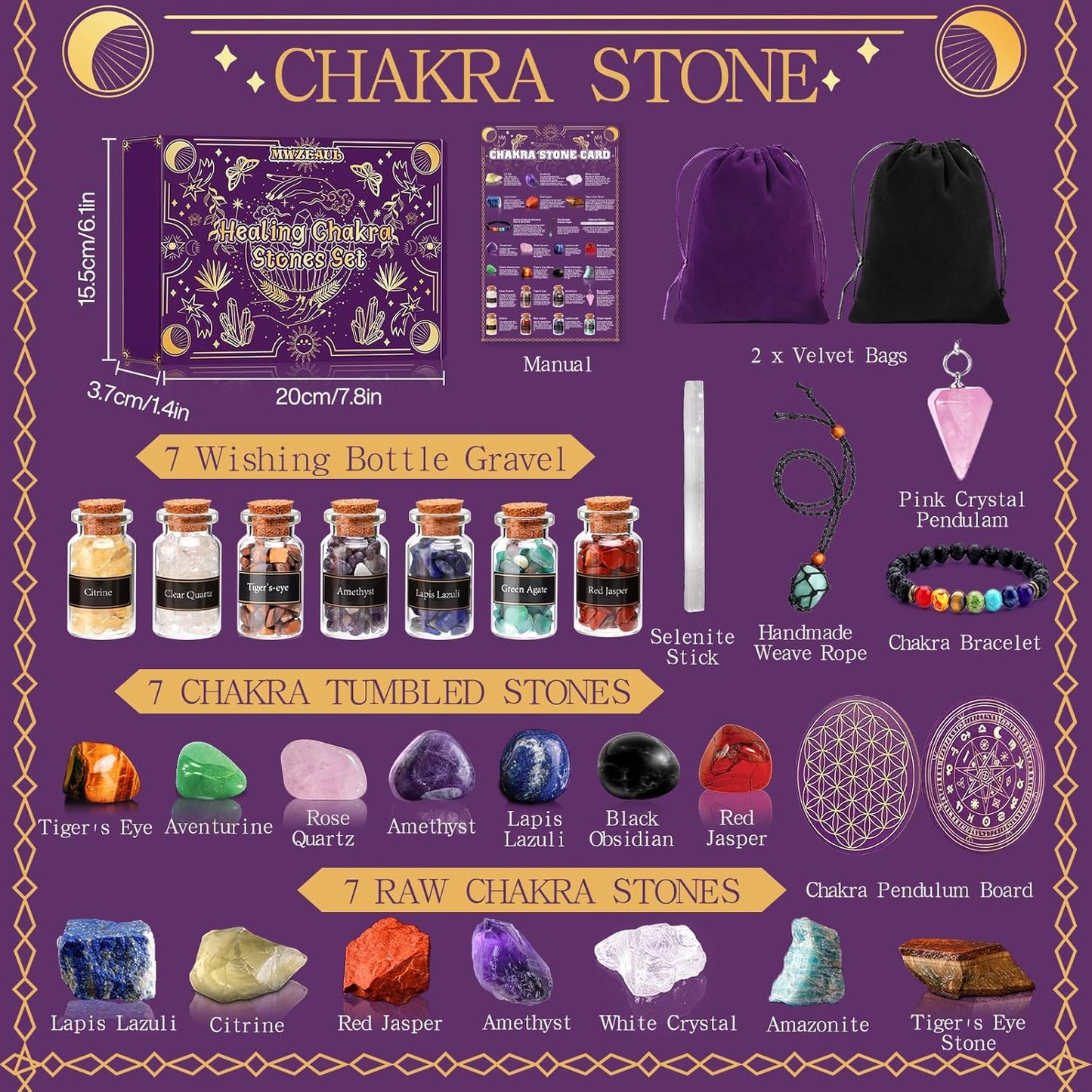 MWZEAUL Kit de Pierres Précieuses, 21 Pièces Gemmes et Cristaux de Guérison Naturelle, avec Fleur de Vie pour Recharger les Pierres, pour Méditation Yoga Sommeil Étude, Cadeau pour Halloween Noël
