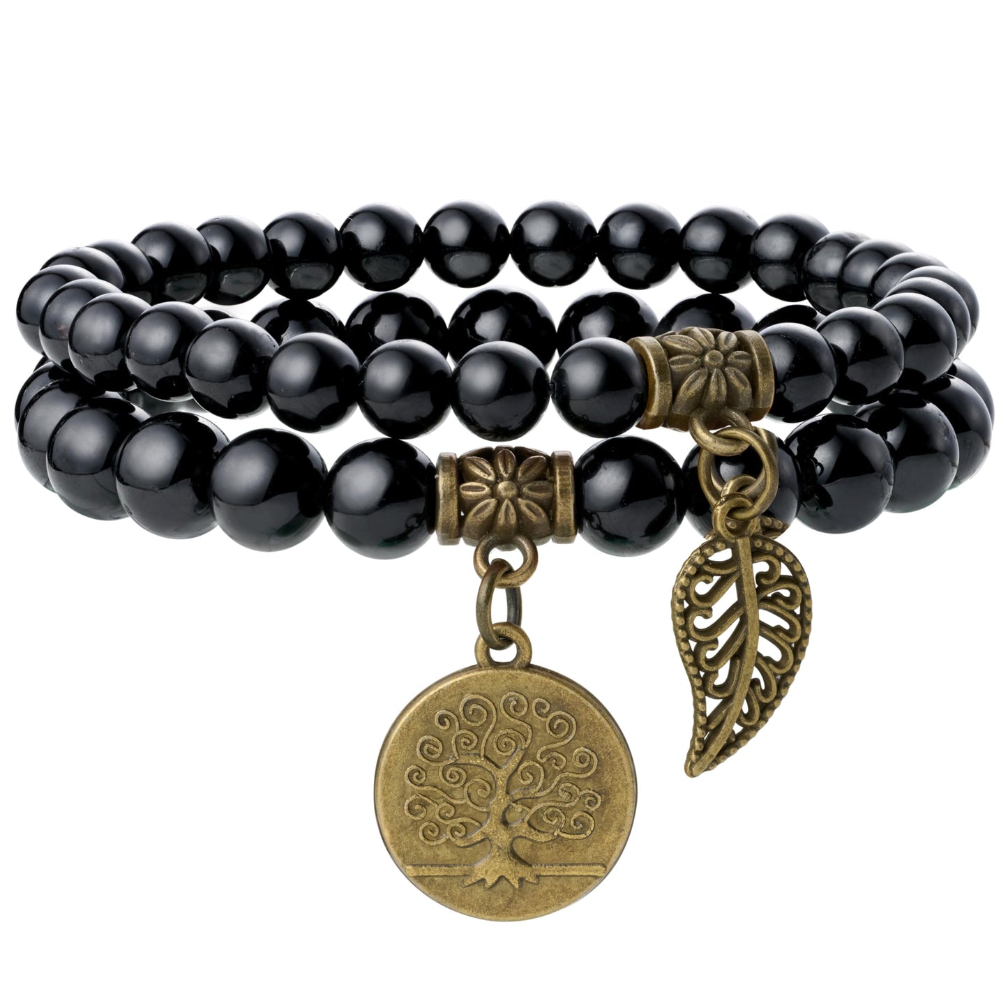 Farfume Chakra Bracelet En Pierre Naturelle - Bracelet Perles Naturelles Femme-Ensemble De Deux Bracelets Avec Accessoires Arbre De Vie Et Feuille