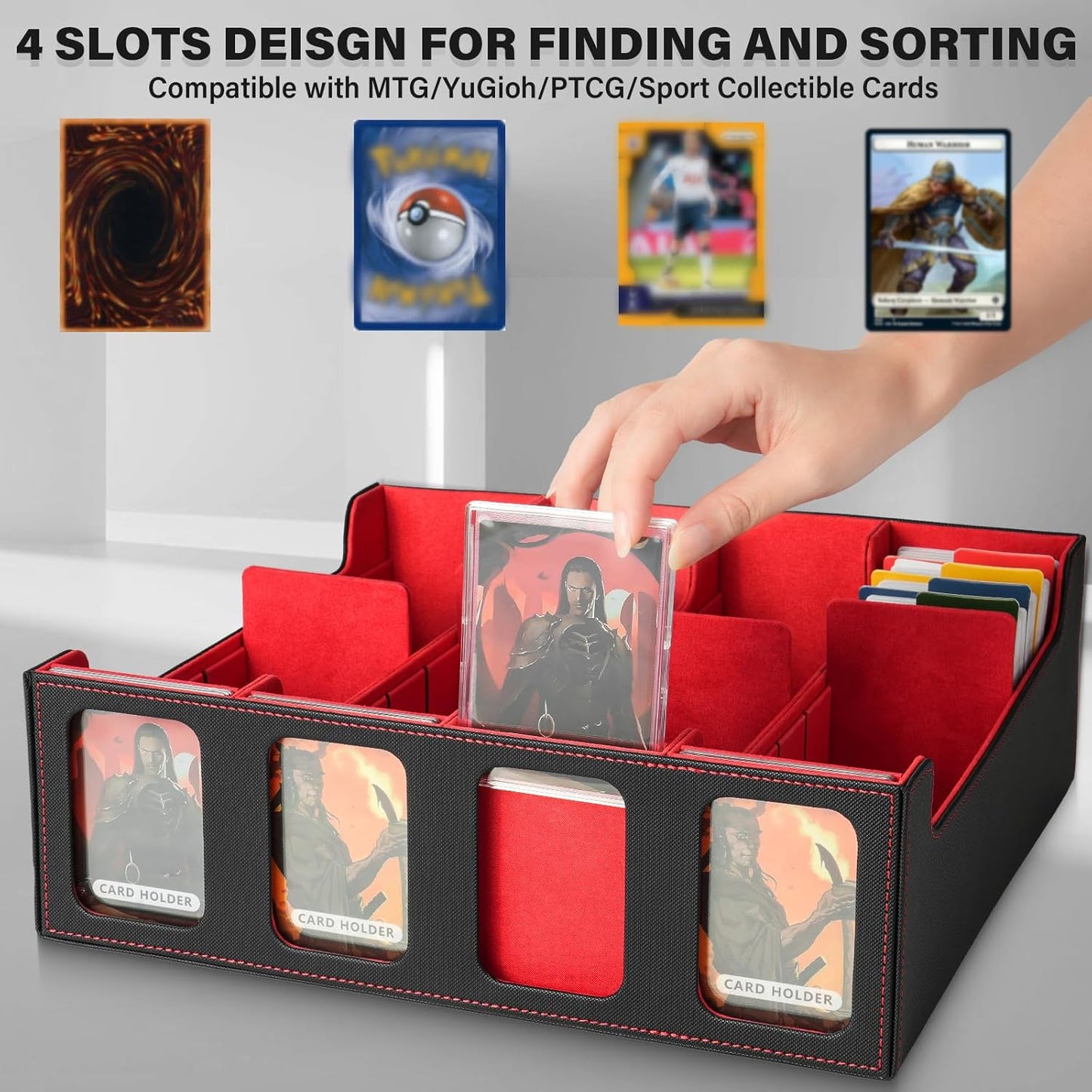 Boîte de rangement pour cartes MTG Commander, boîte de rangement pour cartes à collectionner, étui magnétique en cuir PU, peut contenir 3000 TCG cartes à double couche,noir et rouge
