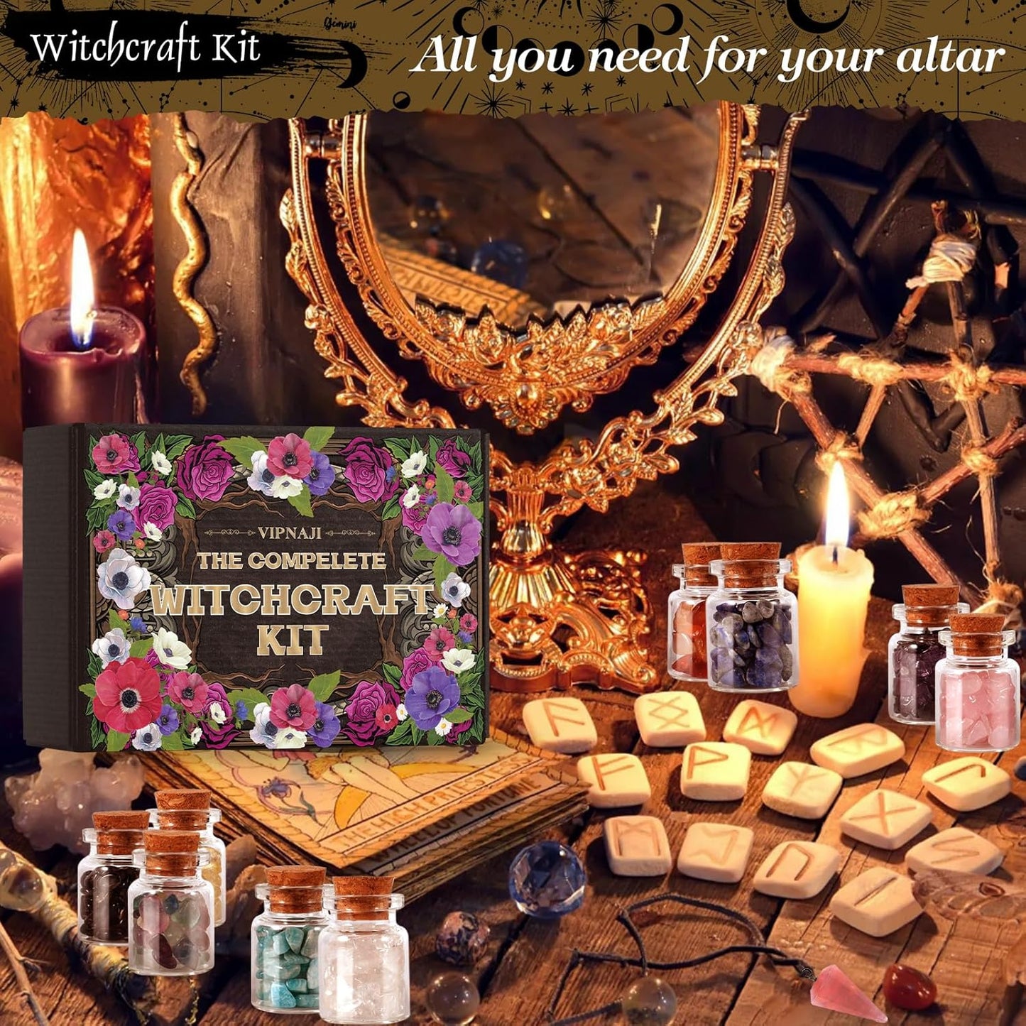 VIPNAJI 64PC Fournitures de Sorcellerie Ensemble de Sorcellerie Kit de Sorcellerie Bougies Candle Magiques Colorées Pierre Naturelles Pièces de Cristal,Fleur Séchée Utilisé pour la Prière,Mantra,Magie