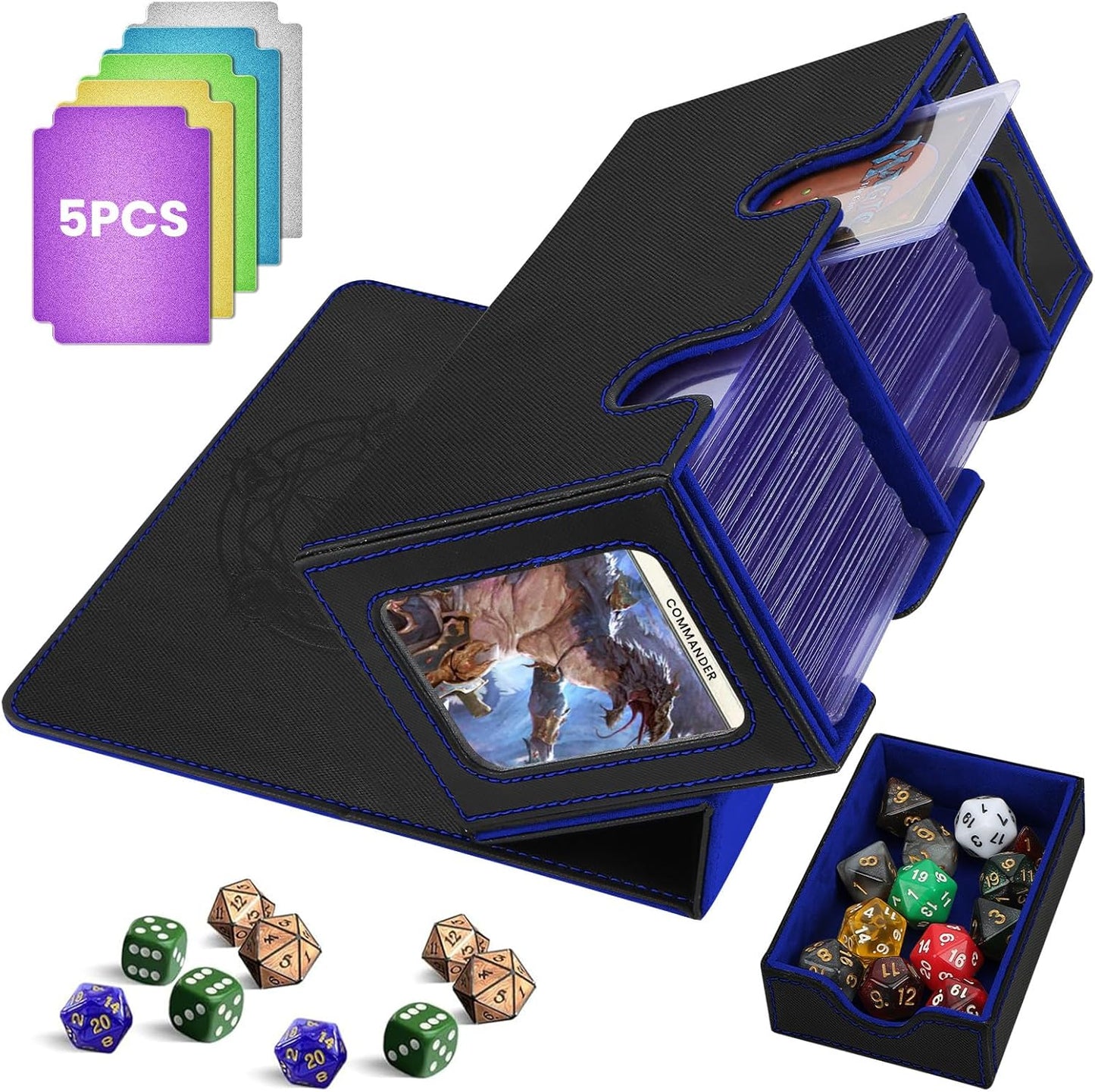 Boîte porte-cartes pour jusqu'à 380+ cartes, boîte de deck avec 6 plaques de séparation, porte deck magnétique flip-magic pour cartes à collectionner, compatible avec MTG TCG(Noir-Bleu)