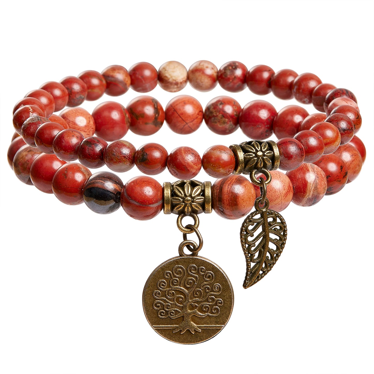 Farfume Chakra Bracelet En Pierre Naturelle - Bracelet Perles Naturelles Femme-Ensemble De Deux Bracelets Avec Accessoires Arbre De Vie Et Feuille