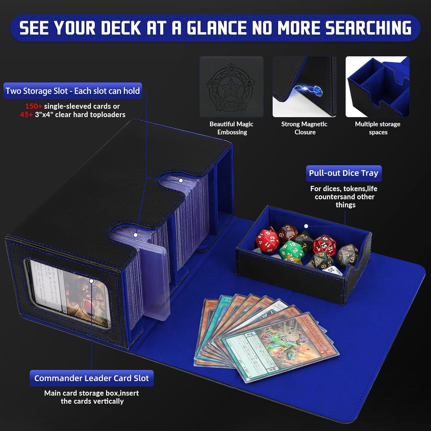 Boîte porte-cartes pour jusqu'à 380+ cartes, boîte de deck avec 6 plaques de séparation, porte deck magnétique flip-magic pour cartes à collectionner, compatible avec MTG TCG(Noir-Bleu)