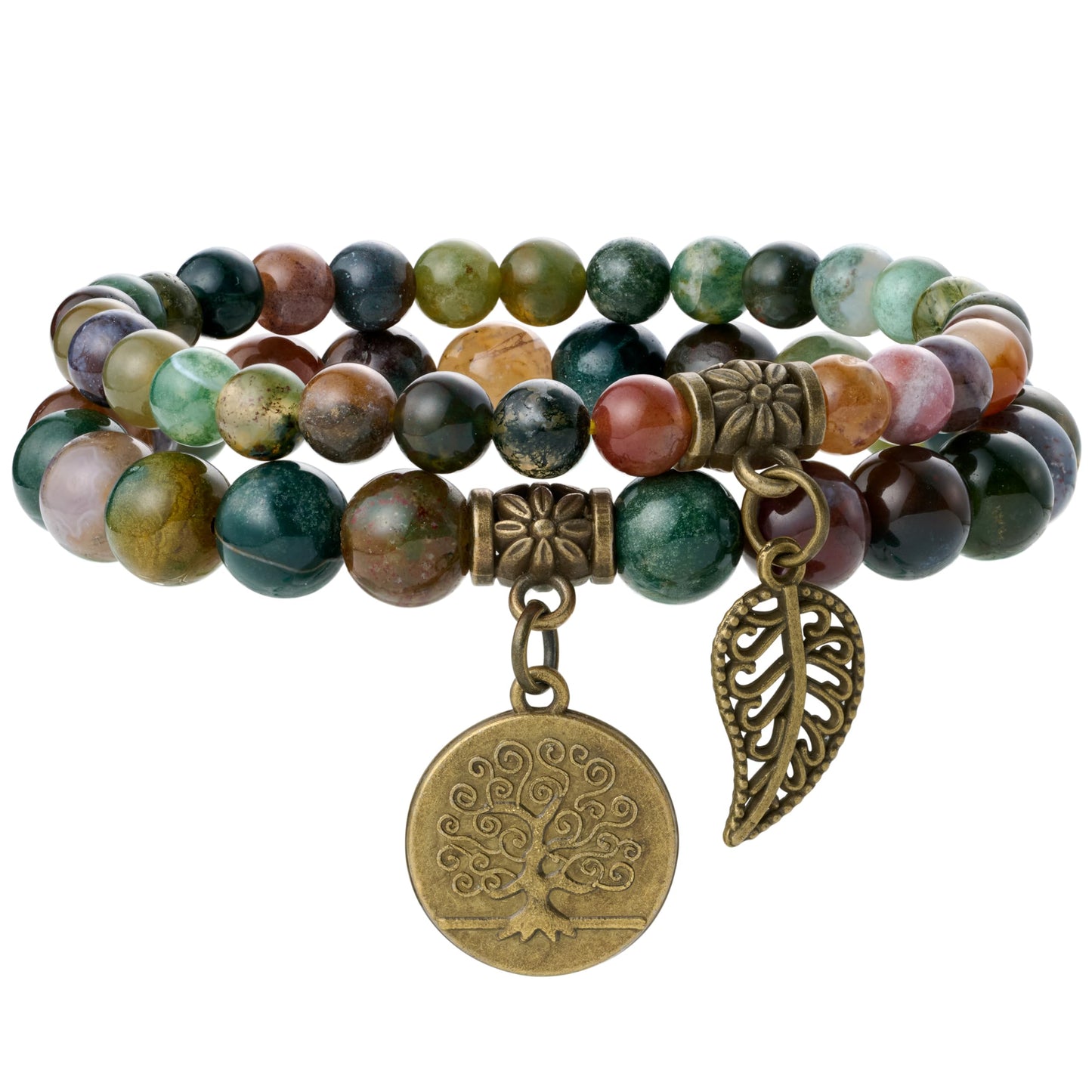 Farfume Chakra Bracelet En Pierre Naturelle - Bracelet Perles Naturelles Femme-Ensemble De Deux Bracelets Avec Accessoires Arbre De Vie Et Feuille