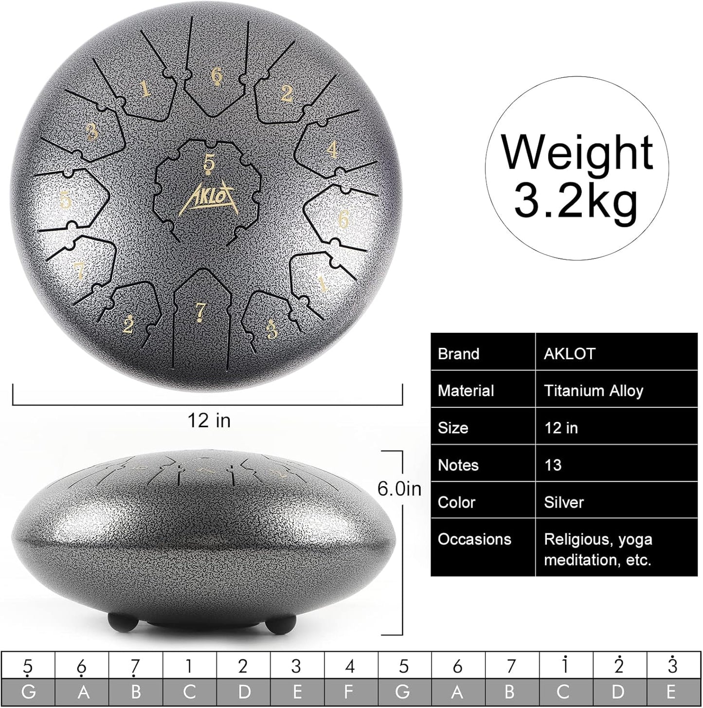 Tongue Drum,AKLOT Handpan 12 Pouces 13 Notes Tambour Zen Steel Tongue Drum Tambour à Langue C Key Pour le Camping, le Yoga, la Méditation