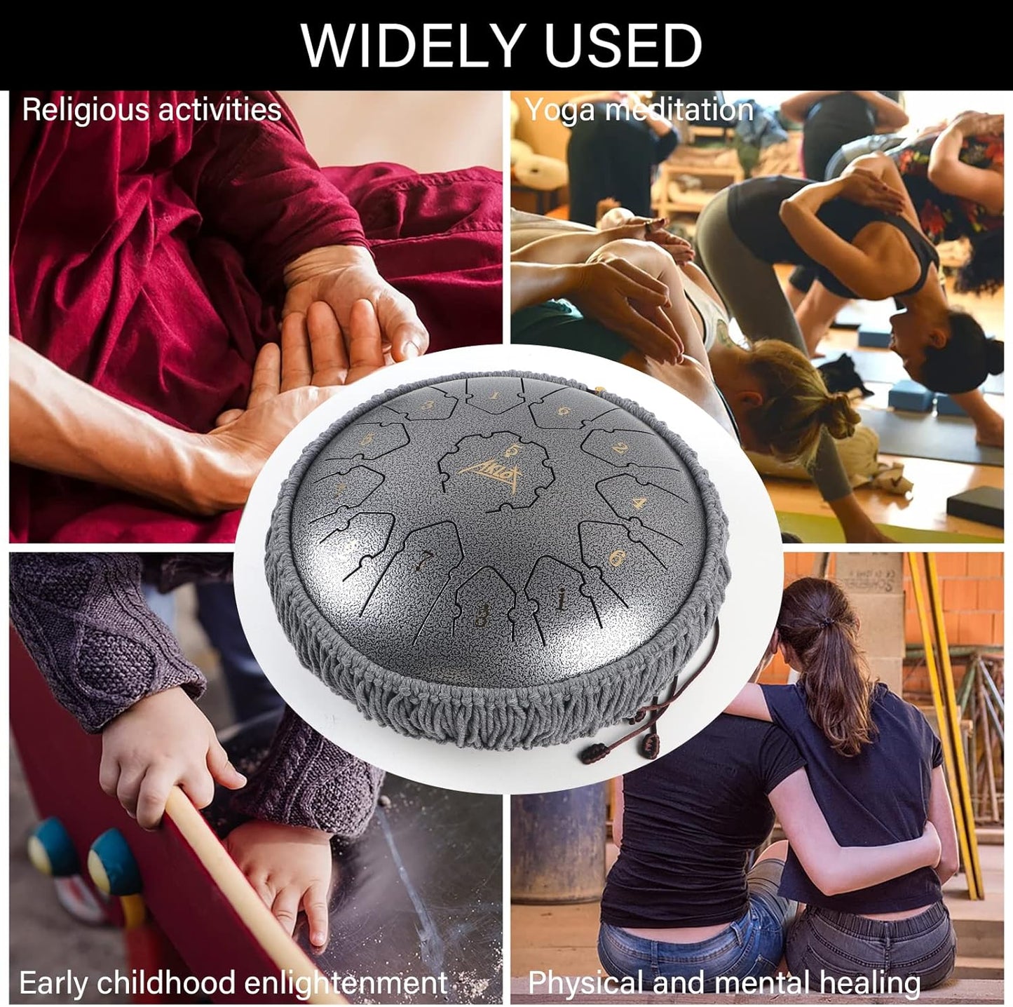 Tongue Drum,AKLOT Handpan 12 Pouces 13 Notes Tambour Zen Steel Tongue Drum Tambour à Langue C Key Pour le Camping, le Yoga, la Méditation