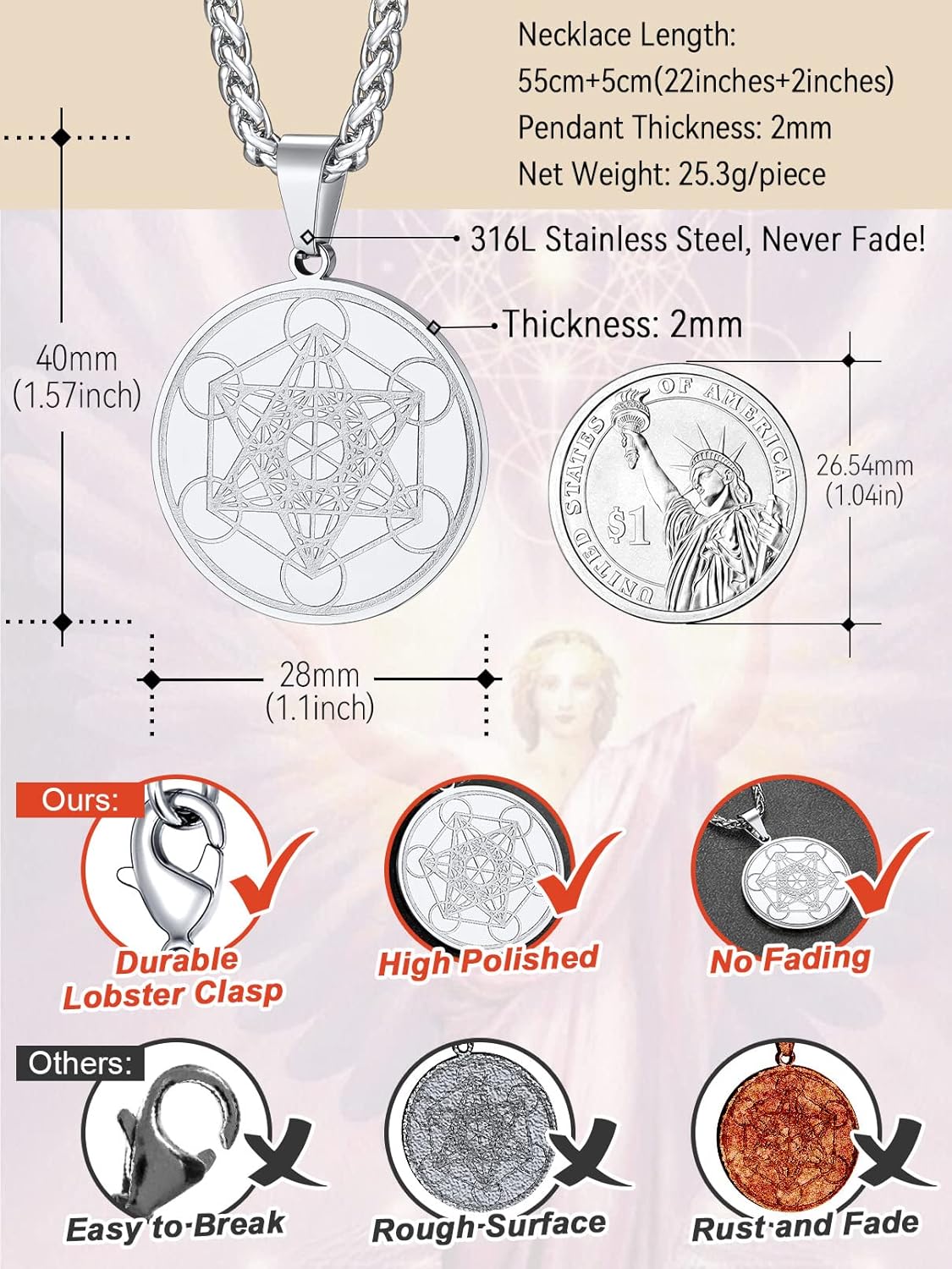 FaithHeart Collier Cube de Metatron Acier Inoxydable/Or/Noir Médaille Geometrique Bijoux Amulette de Protection pour Homme Femme