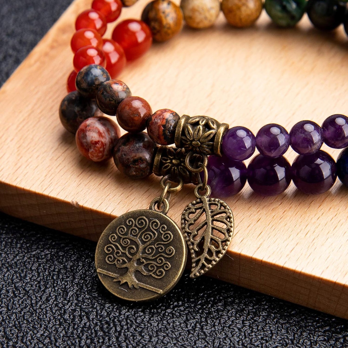 Farfume Chakra Bracelet En Pierre Naturelle - Bracelet Perles Naturelles Femme-Ensemble De Deux Bracelets Avec Accessoires Arbre De Vie Et Feuille
