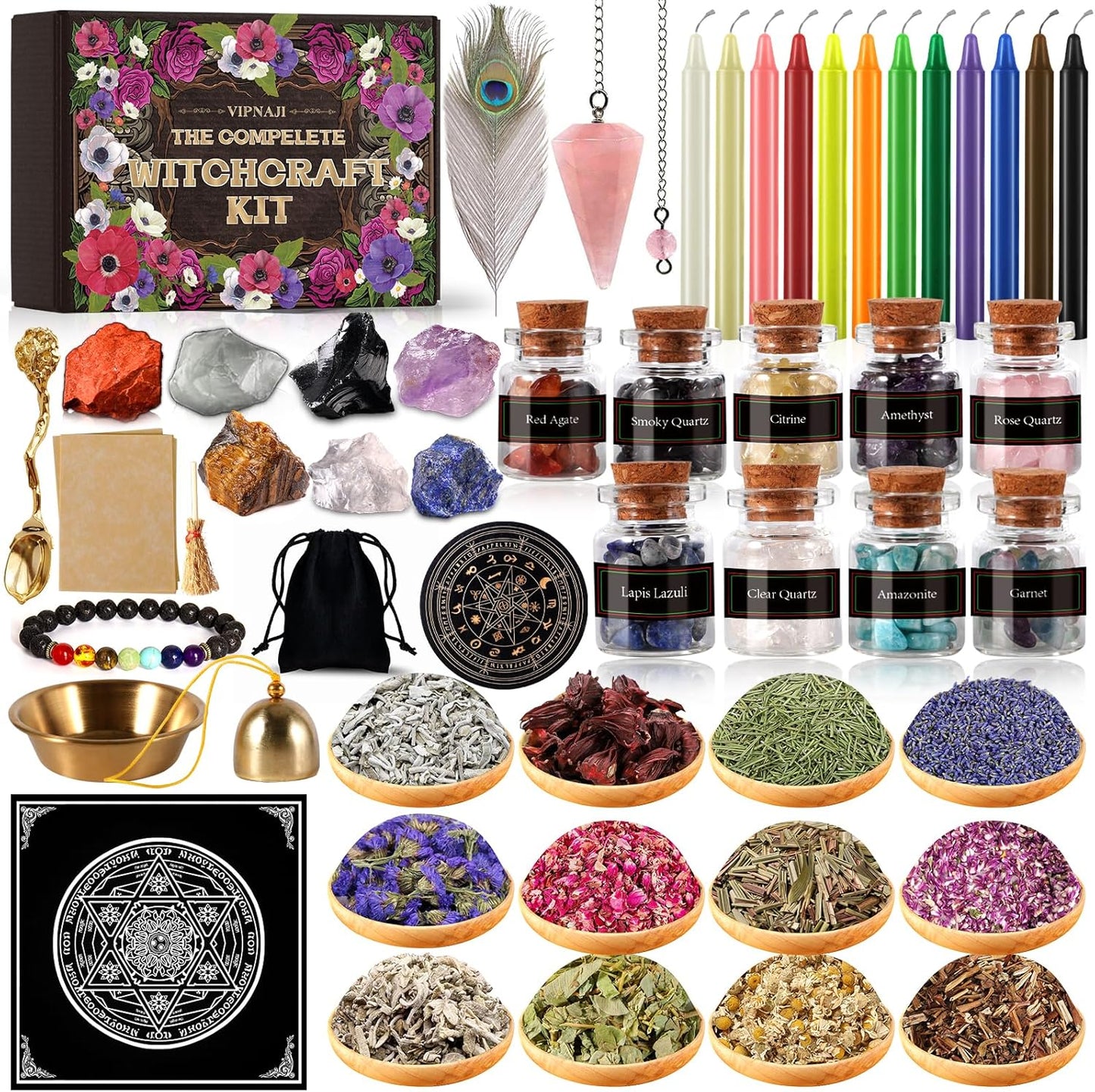 VIPNAJI 64PC Fournitures de Sorcellerie Ensemble de Sorcellerie Kit de Sorcellerie Bougies Candle Magiques Colorées Pierre Naturelles Pièces de Cristal,Fleur Séchée Utilisé pour la Prière,Mantra,Magie