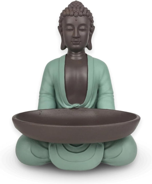 Statuette Vide Poche Boudha – Décoration Zen et Feng Shui – pour Créer Une Ambiance Relaxante et Spirituelle – Idée Cadeau Porte-Bonheur – Hauteur : 20cm – Couleur : Vert et Marron – Zen’Light