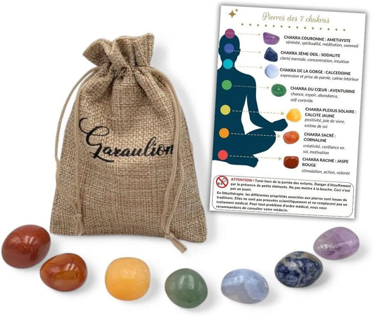 Kit Pierres des 7 Chakras – Lithothérapie pour Harmonie Énergétique, Bien-Être Intérieur & Méditation – 7 Pierres Naturelles + Pochette & Guide Inclus