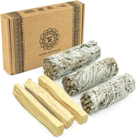 3 Sauge Blanche et 3 Palo Santo Sacrés à Brûler - Herbes de Purification et d'Harmonie pour Spirituelle et Les Rituels Énergétiques