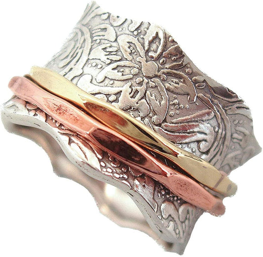 Energy Stone – « ÉQUILIBRE & BEAUTÉ », bague tournante de méditation avec 1 rotateur en laiton et 1 en cuivre sur une bague de base en argent avec motif à feuilles (Style 88)