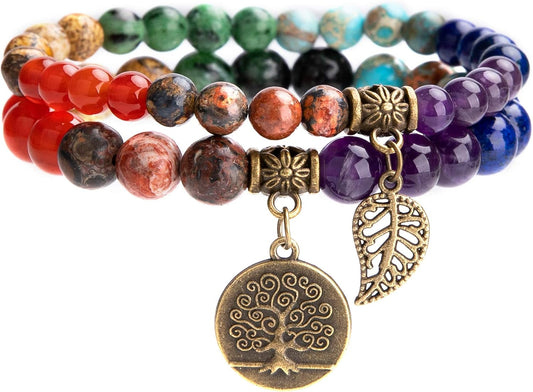 Farfume Chakra Bracelet En Pierre Naturelle - Bracelet Perles Naturelles Femme-Ensemble De Deux Bracelets Avec Accessoires Arbre De Vie Et Feuille