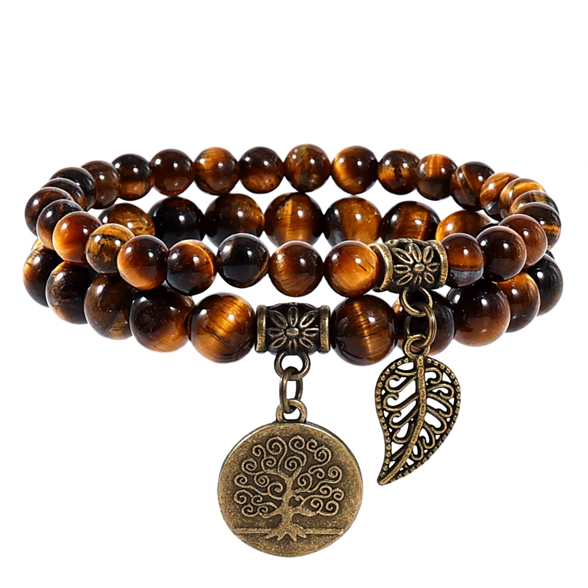 Farfume Chakra Bracelet En Pierre Naturelle - Bracelet Perles Naturelles Femme-Ensemble De Deux Bracelets Avec Accessoires Arbre De Vie Et Feuille