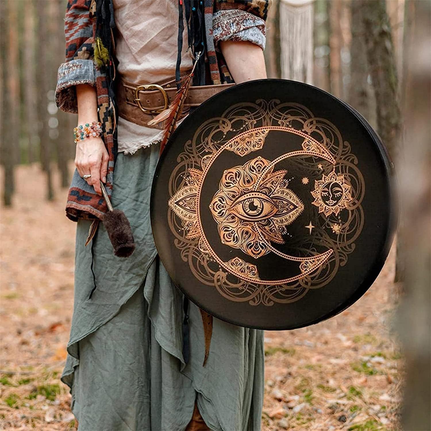 Tambour chaman,Tambour chamanique Fait à la Main,Tambour de Lune alchimique de chaman avec de Tambour,Symbole de la musique spirituelle du tambour sibérien