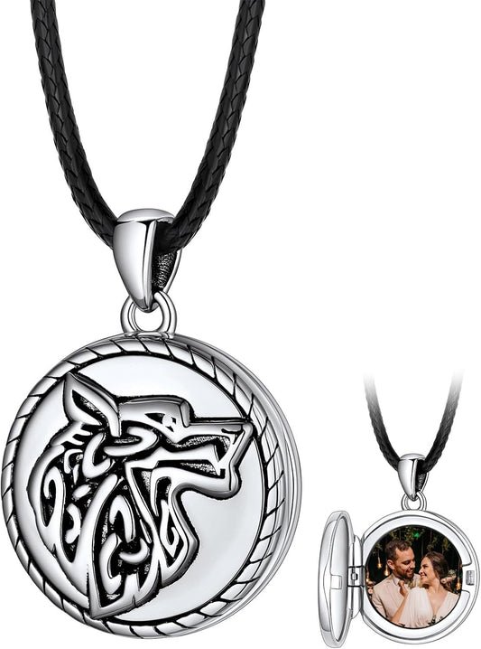FaithHeart Collier Homme Photo Personnalisé Argent 925/Cuivre,Chaîne Cordon Cuir 40-76,Pendentif Prénom Gravé Triquetra/Valknut/Vegvisir/Loup/Mjolnir Marteau de Thor/Croix de Malte(Boîte Cadeau)