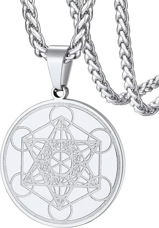 FaithHeart Collier Cube de Metatron Acier Inoxydable/Or/Noir Médaille Geometrique Bijoux Amulette de Protection pour Homme Femme