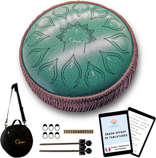 ORORA Handpan Steel Tongue drum (12 pouces 13 notes) - Instrument de musique enfant et adulte - Tambour zen et méditation - Ebook de 20 partitions offert - Cadeau original relaxation