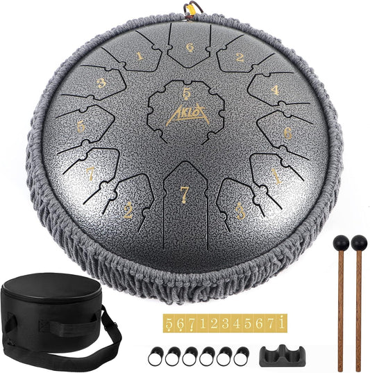 Tongue Drum,AKLOT Handpan 12 Pouces 13 Notes Tambour Zen Steel Tongue Drum Tambour à Langue C Key Pour le Camping, le Yoga, la Méditation