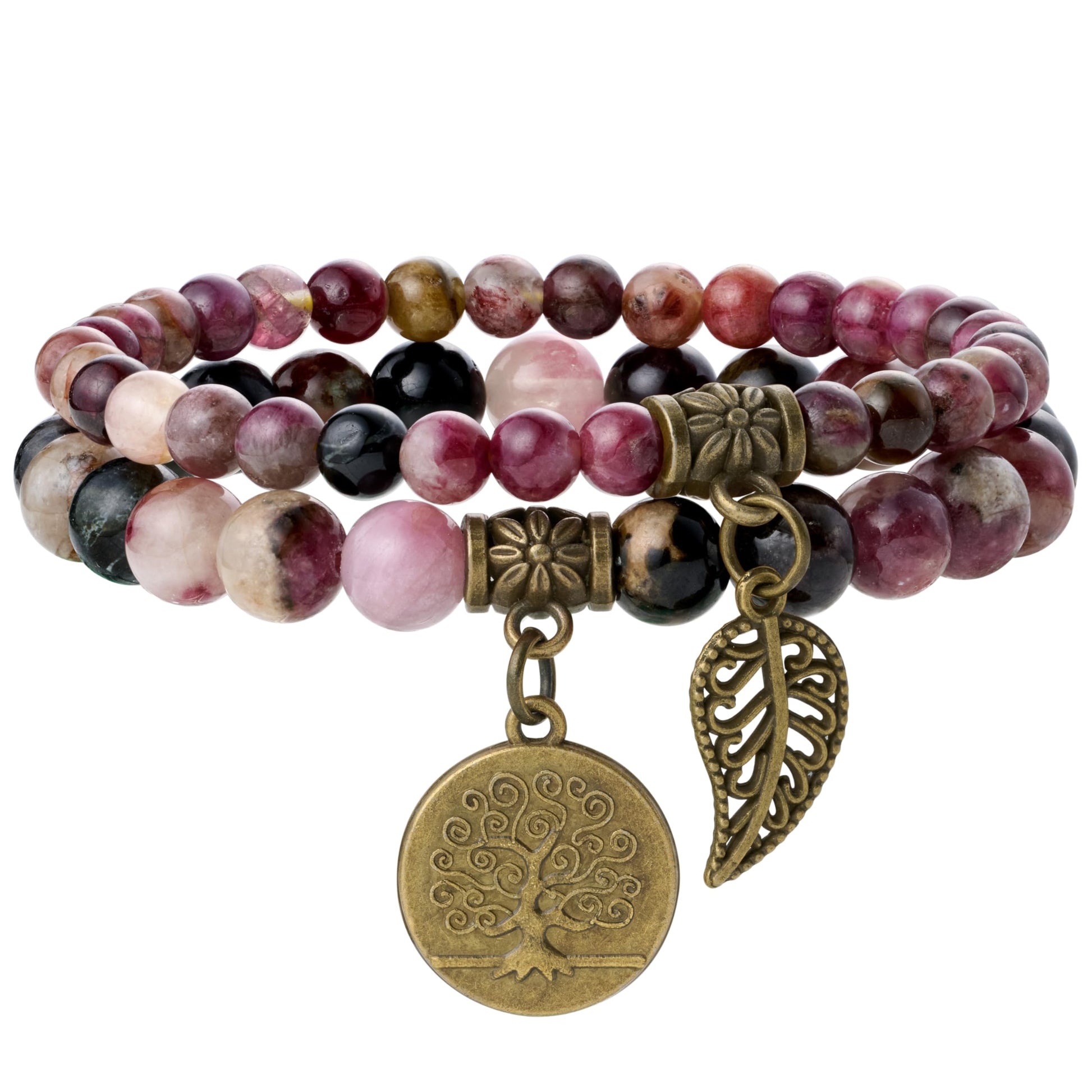 Farfume Chakra Bracelet En Pierre Naturelle - Bracelet Perles Naturelles Femme-Ensemble De Deux Bracelets Avec Accessoires Arbre De Vie Et Feuille