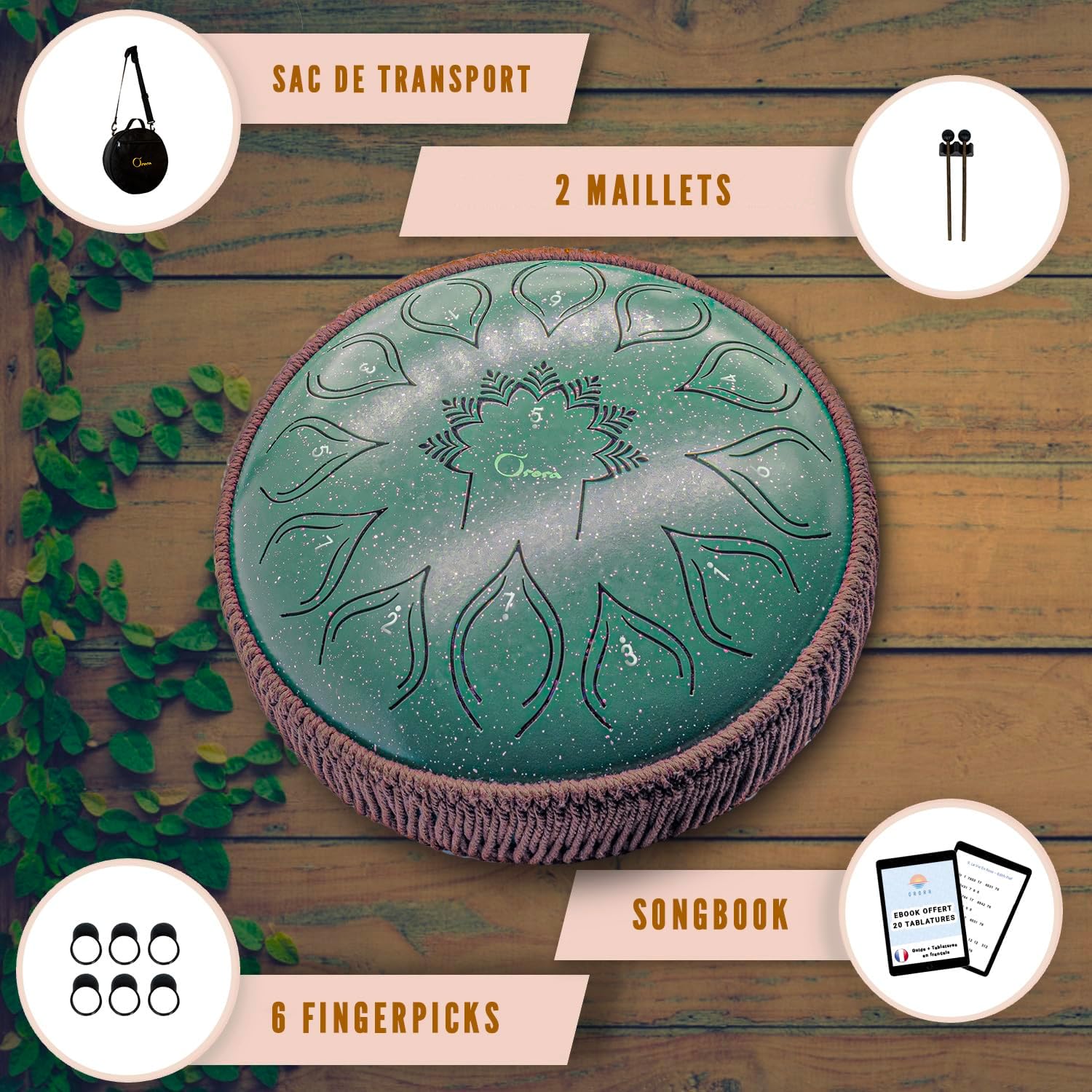 ORORA Handpan Steel Tongue drum (12 pouces 13 notes) - Instrument de musique enfant et adulte - Tambour zen et méditation - Ebook de 20 partitions offert - Cadeau original relaxation