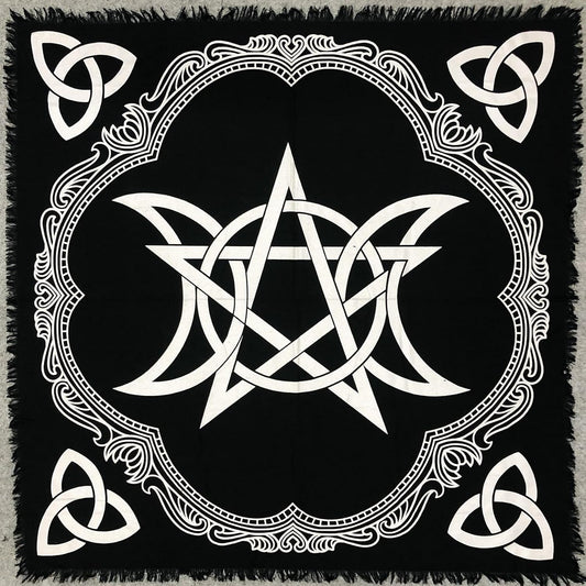 THE ART BOX Tissu Cartes de Tarot Serviettes Accessoires de Sorcellerie Nappe en Or Noir Carré Tissu céleste Spirituel avec Franges, Pentagramme Triquetra, 24X24 Pouces