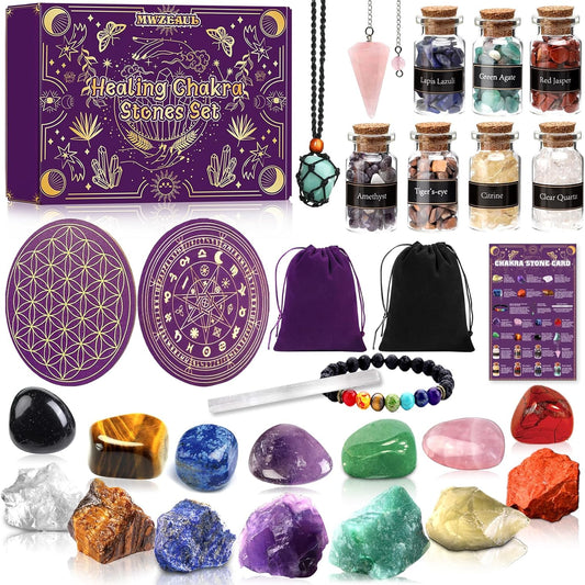 MWZEAUL Kit de Pierres Précieuses, 21 Pièces Gemmes et Cristaux de Guérison Naturelle, avec Fleur de Vie pour Recharger les Pierres, pour Méditation Yoga Sommeil Étude, Cadeau pour Halloween Noël
