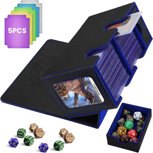 Boîte porte-cartes pour jusqu'à 380+ cartes, boîte de deck avec 6 plaques de séparation, porte deck magnétique flip-magic pour cartes à collectionner, compatible avec MTG TCG(Noir-Bleu)