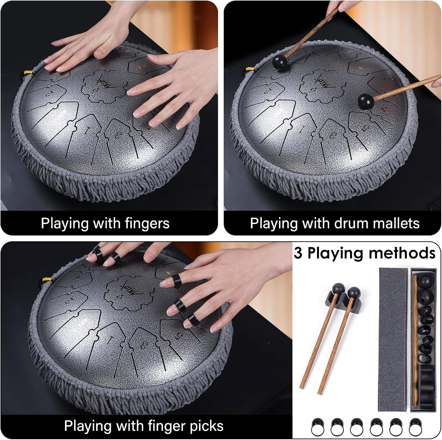 Tongue Drum,AKLOT Handpan 12 Pouces 13 Notes Tambour Zen Steel Tongue Drum Tambour à Langue C Key Pour le Camping, le Yoga, la Méditation