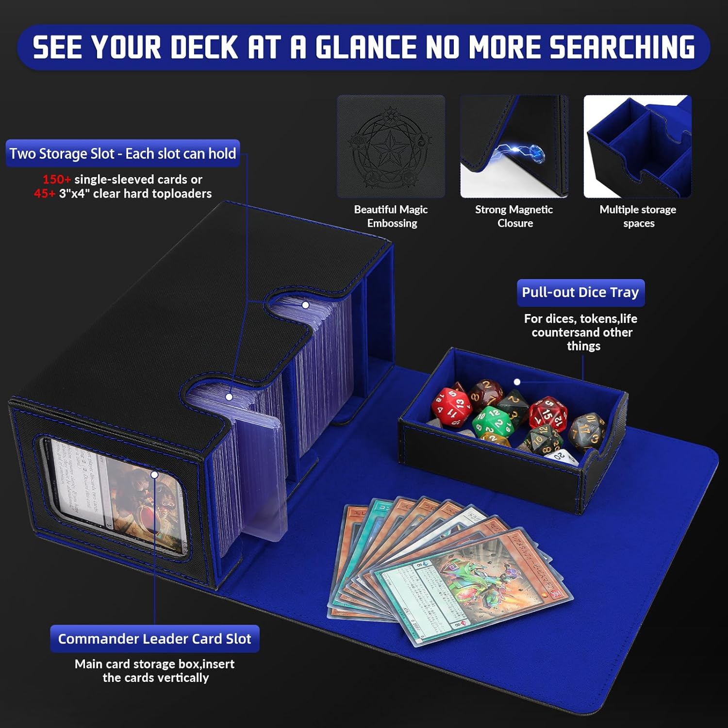 Boîte porte-cartes pour jusqu'à 380+ cartes, boîte de deck avec 6 plaques de séparation, porte deck magnétique flip-magic pour cartes à collectionner, compatible avec MTG TCG(Noir-Bleu)